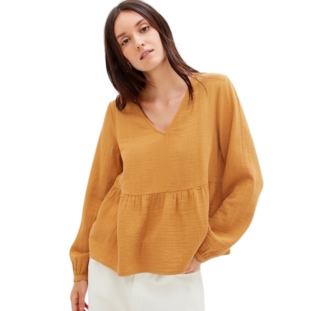 Gap Womens Mustard Cotton Crinkle Gauze Tiered Peplum V-Neck Top XL